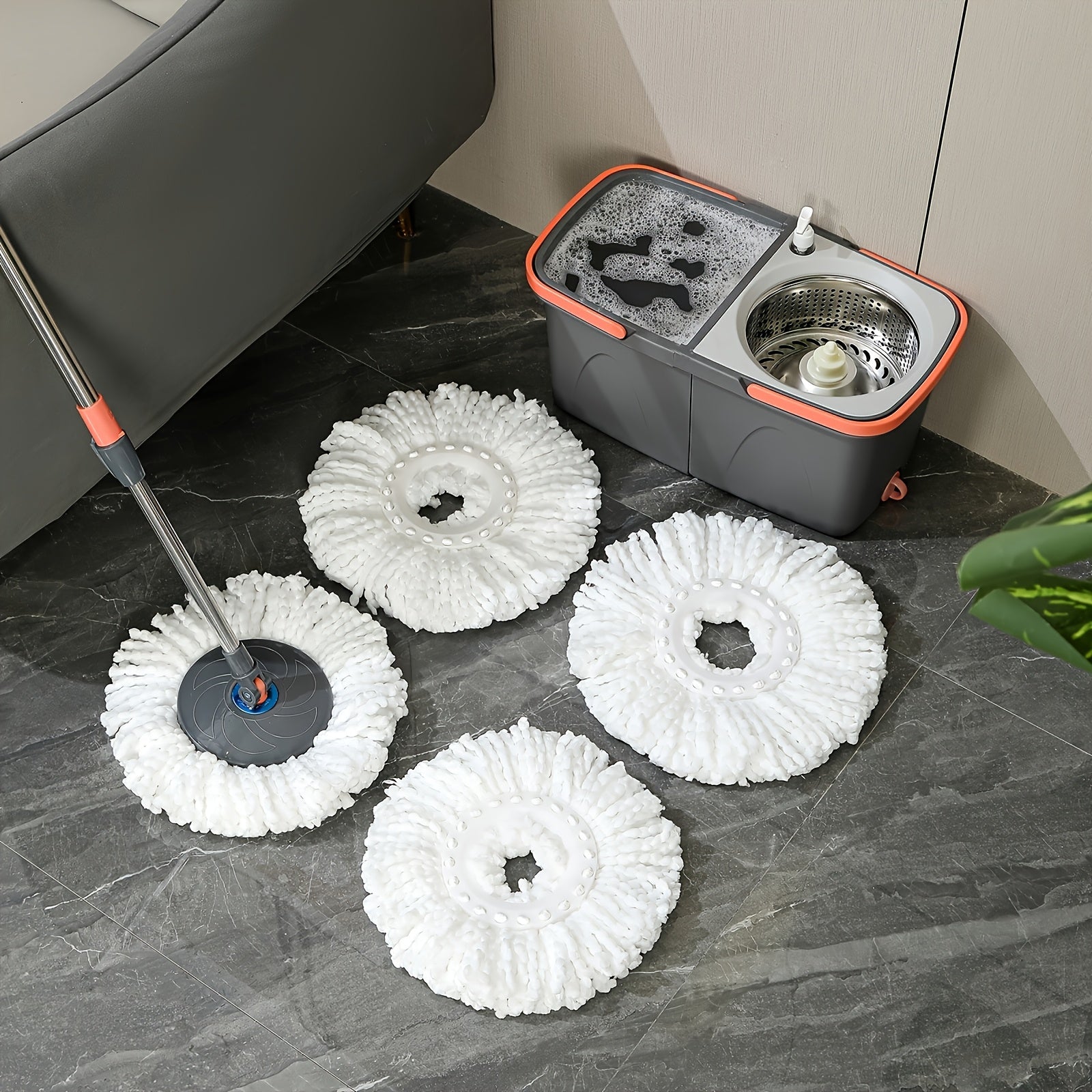 Hands-Free Spinning Mop Bucket System with 4-Pad Refill - Heavy-Duty Wet\u002FDry, Dual Bucket Separation & One-Touch Spray, Space-Saving Mop for, Wood Floors, - Stainless \u002FPlastic (Compatible with)