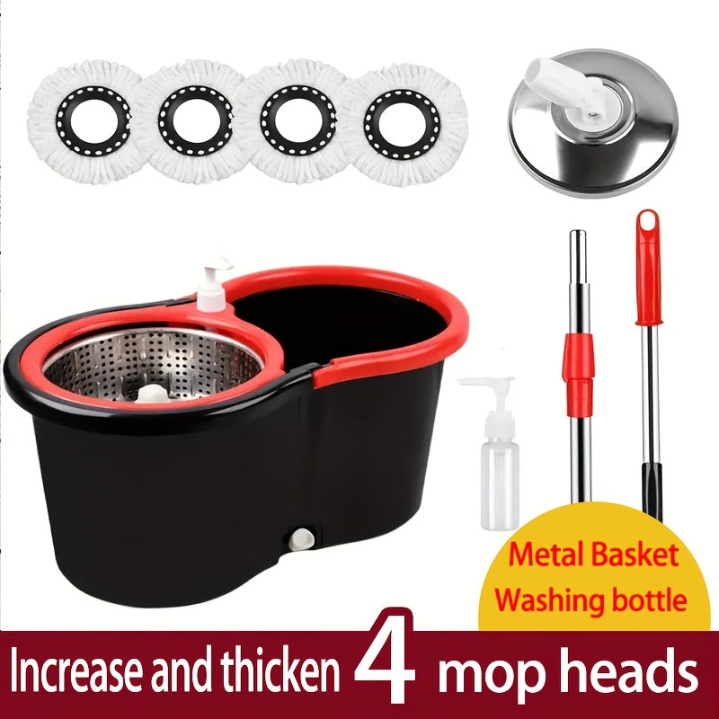 Rotating Mop And Bucket Set, Bathroom Mop Bucket, School Bathroom, 360° Rotating Mop Bucket System, with 4-fine Fiber Mop Replacement Heads And Stainless Steel Adjustable Handle, Suitable for Shop Floor Cleaning, Holiday Cleaning, Christmas Cleaning