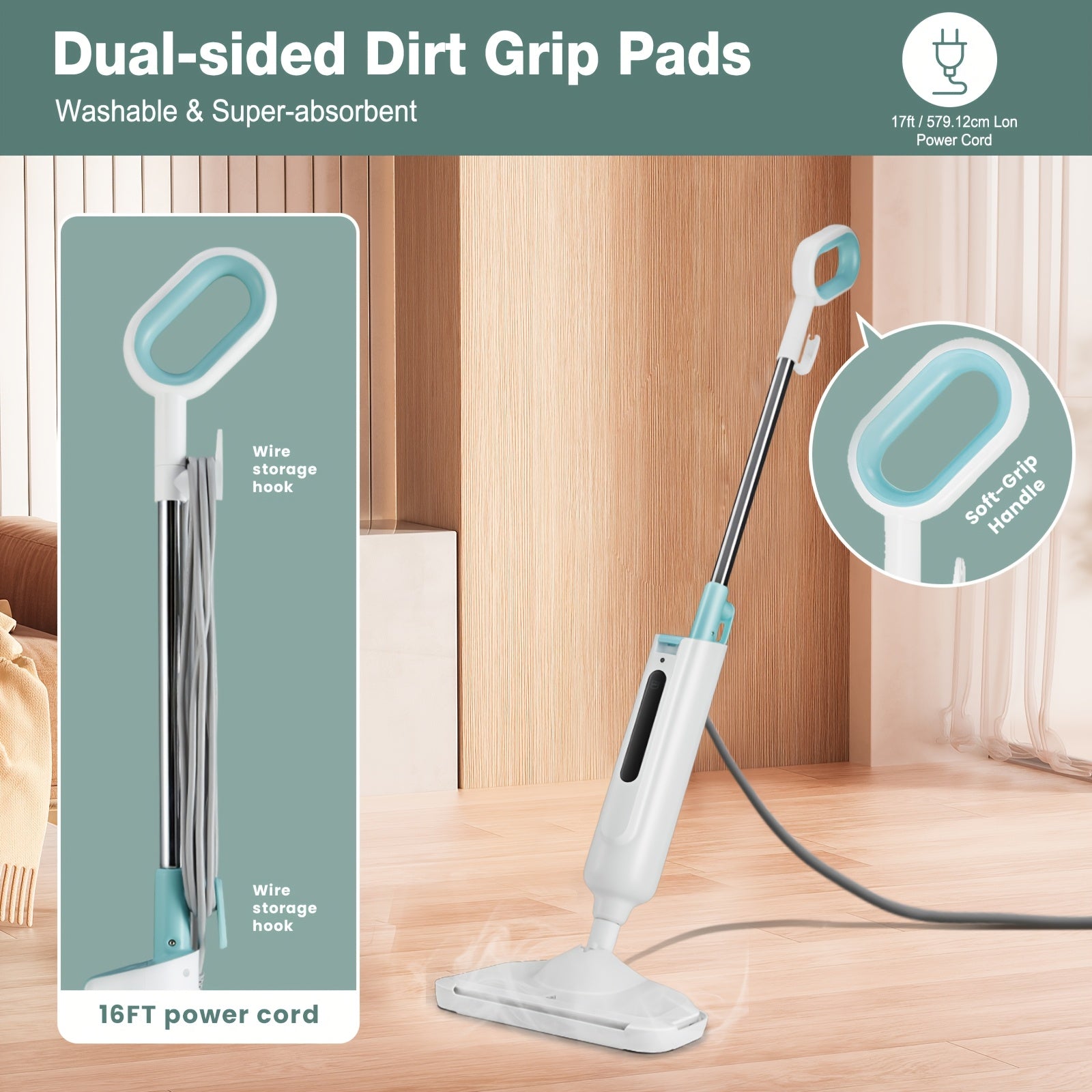 7-in-1 Steam Mop | Hardwood Floor Steamer, Powerful Cleaner for Carpet, Laminate, and Tiles, 3 Adjustable Steam Settings, 30s Fast Heat-up, Includes Carpet Glider & 2 Washable Microfiber Pads, Detachable Handheld Steamer for Walls, Metal, 120