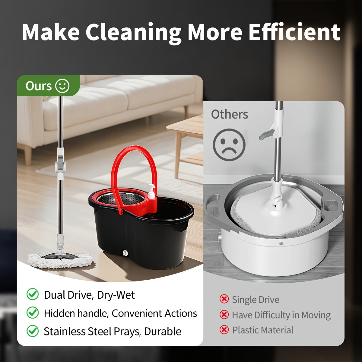 Dual-Drive Spin Mop and Bucket Set with Wringing System, 3 LONG LASTING Microfiber Mop Heads, 360° Cleaning for Hardwood, Tile, Marble, Laminate Floors