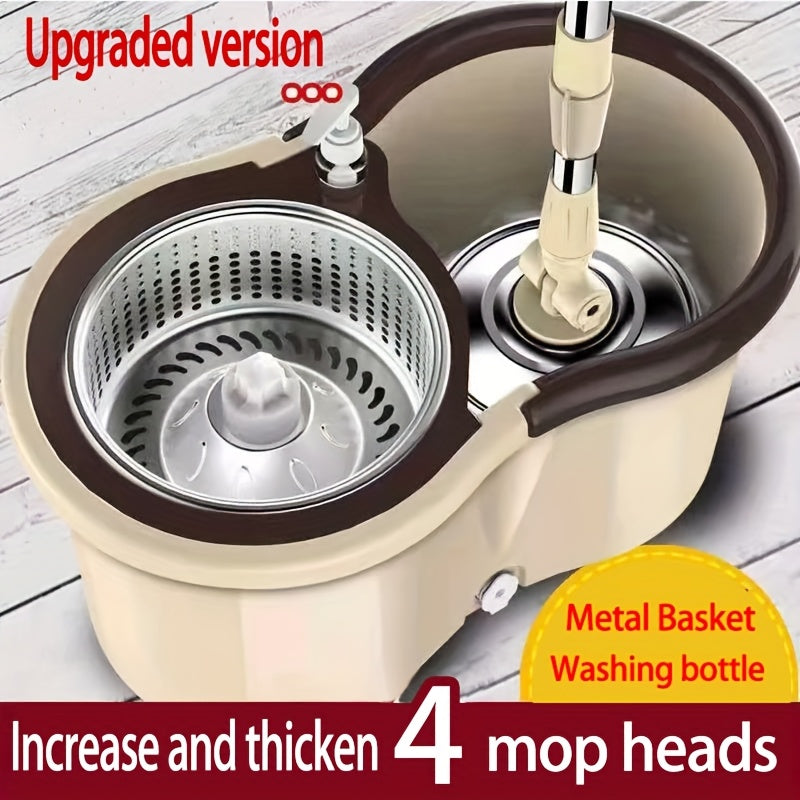 Rotating Mop And Bucket Set, Bathroom Mop Bucket, School Bathroom, 360° Rotating Mop Bucket System, with 4-fine Fiber Mop Replacement Heads And Stainless Steel Adjustable Handle, Suitable for Shop Floor Cleaning, Holiday Cleaning, Christmas Cleaning