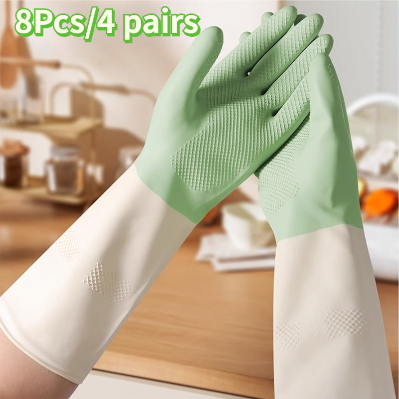8pcs\u002F4 Pairs of Dishwashing Gloves | Reusable, Suitable for Kitchen, Bathroom, and Home Cleaning, Green and White Design, Perfect for Wet and Smooth Tasks, Made of PVC