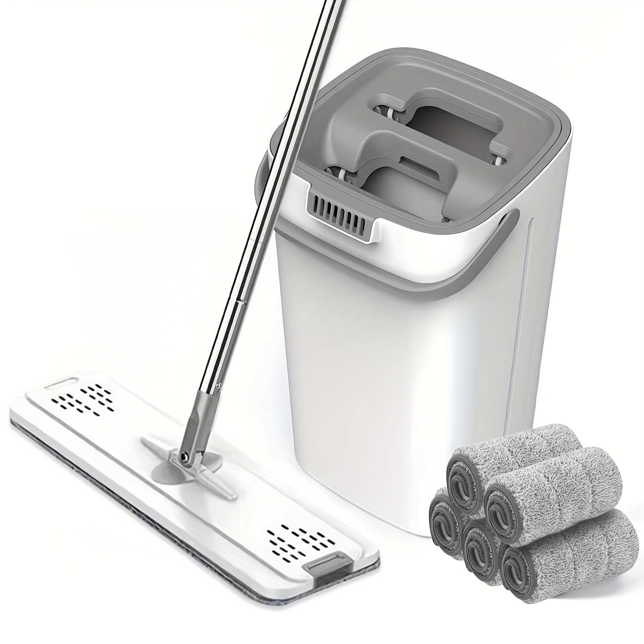 Hands-Free Flat Mop and Bucket Set with 6 Mop Heads - Heavy-Duty Plastic Construction, Space-Saving Bucket with Storage - Wet\u002FDry Cleaning System for Hardwood, Tile, Linoleum Floors - Ideal for Home, Office, Bathroom, Kitchen - Commercial & Resident