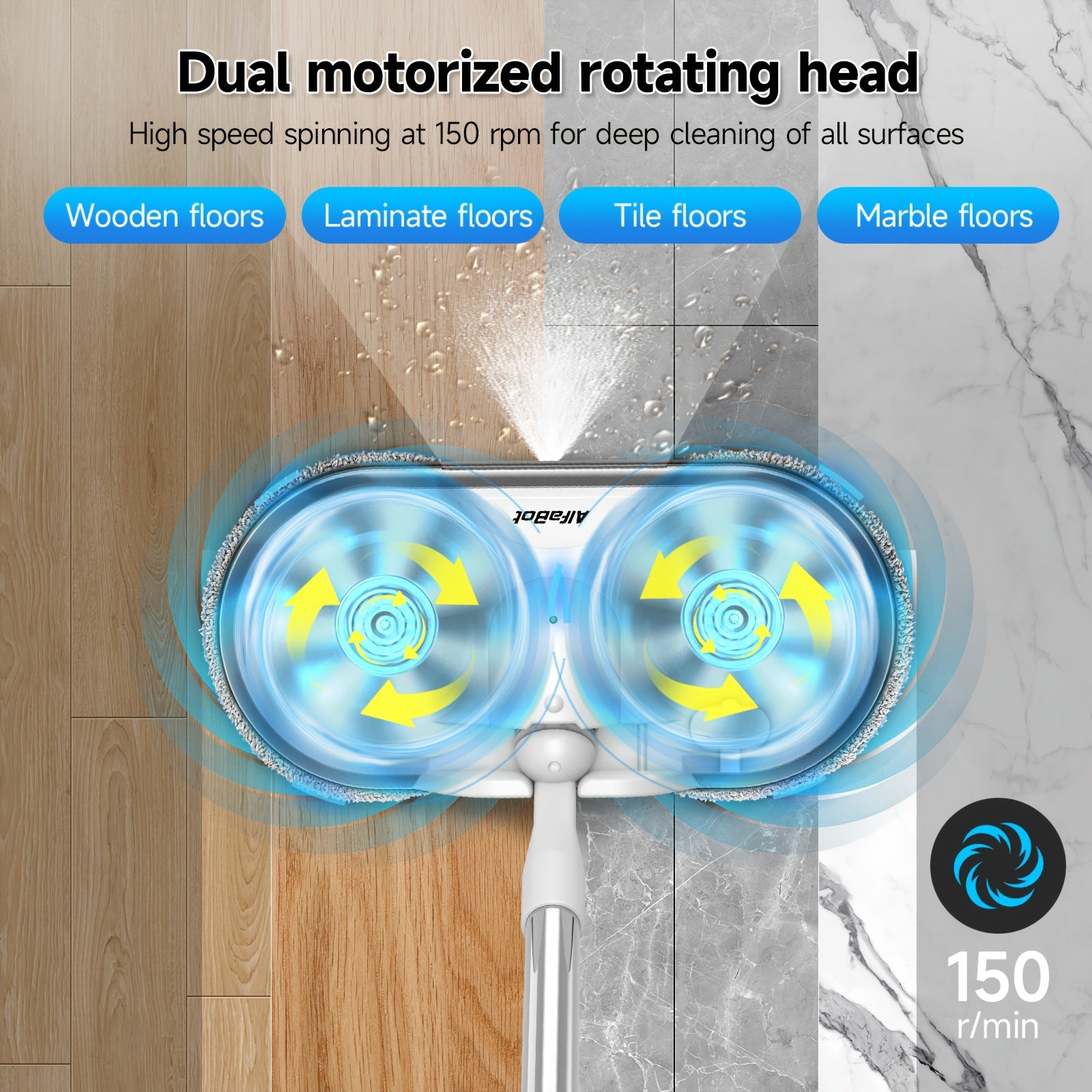 Cordless Electric Mop, Electric Spin Mop, Floor Cleaner with LED Headlight and Water Spray, Powerful Spin Mop with Water Tank for Hardwood, Tile Floors, Quiet Cleaning & Waxing