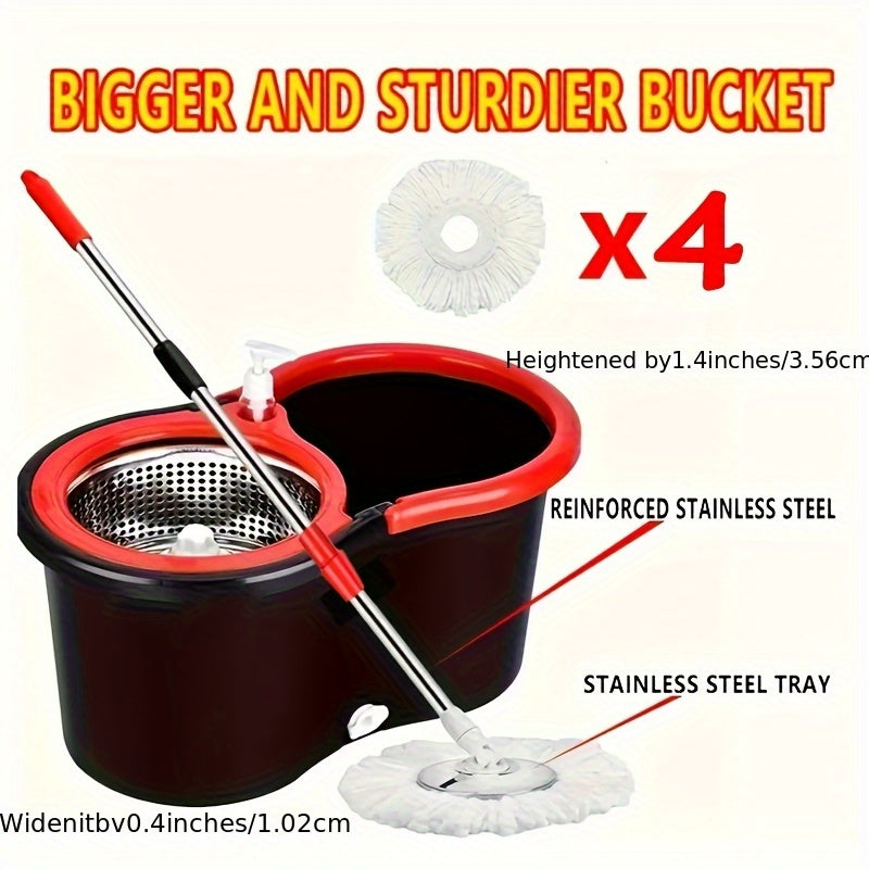 Rotating Mop And Bucket Set, Bathroom Mop Bucket, School Bathroom, 360° Rotating Mop Bucket System, with 4-fine Fiber Mop Replacement Heads And Stainless Steel Adjustable Handle, Suitable for Shop Floor Cleaning, Holiday Cleaning, Christmas Cleaning