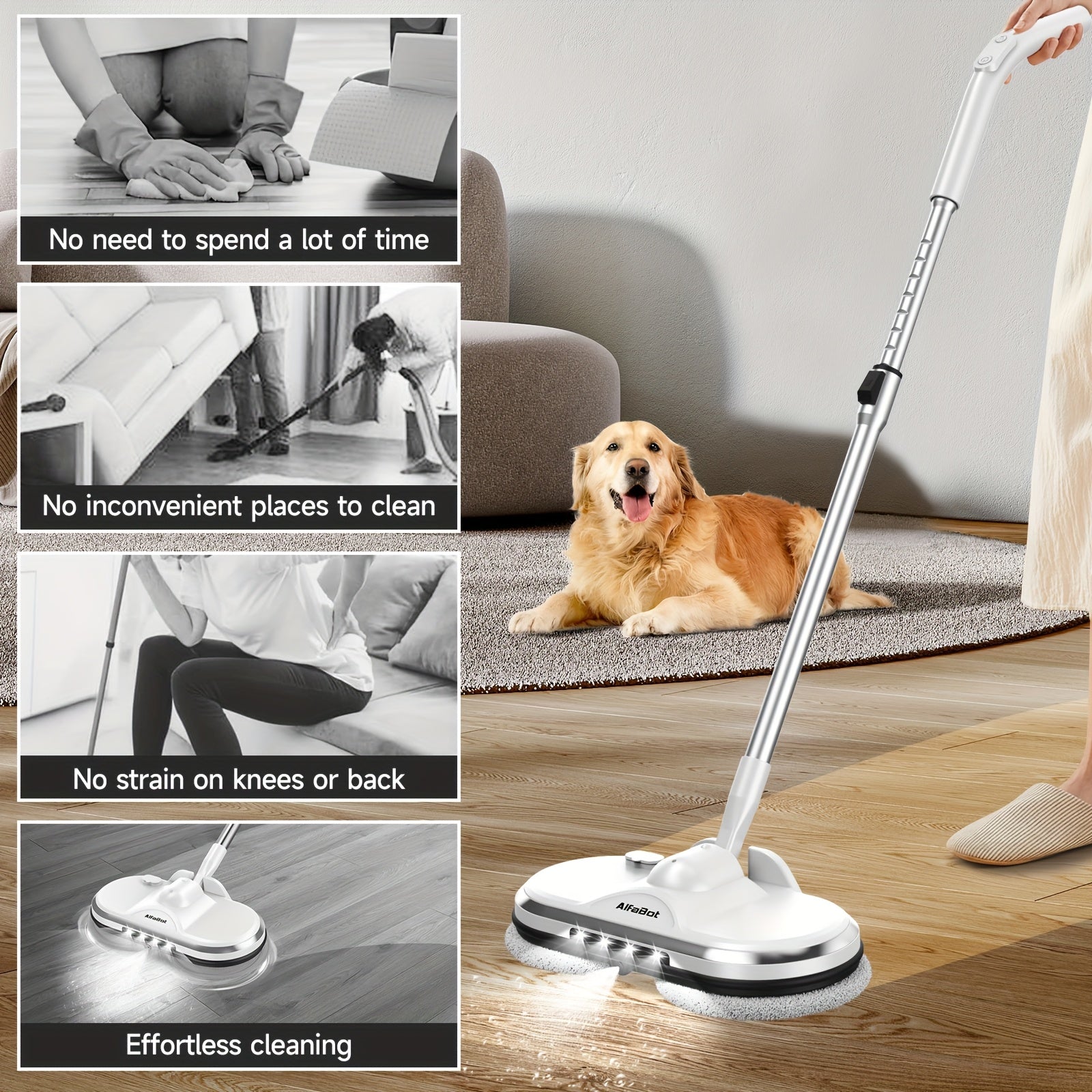 Cordless Electric Mop, Electric Spin Mop, Floor Cleaner with LED Headlight and Water Spray, Powerful Spin Mop with Water Tank for Hardwood, Tile Floors, Quiet Cleaning & Waxing