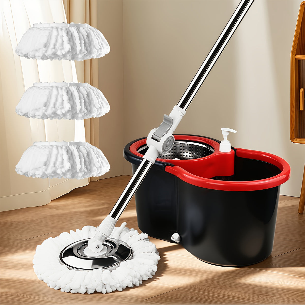 Dual-Drive Spin Mop and Bucket Set with Wringing System, 3 LONG LASTING Microfiber Mop Heads, 360° Cleaning for Hardwood, Tile, Marble, Laminate Floors