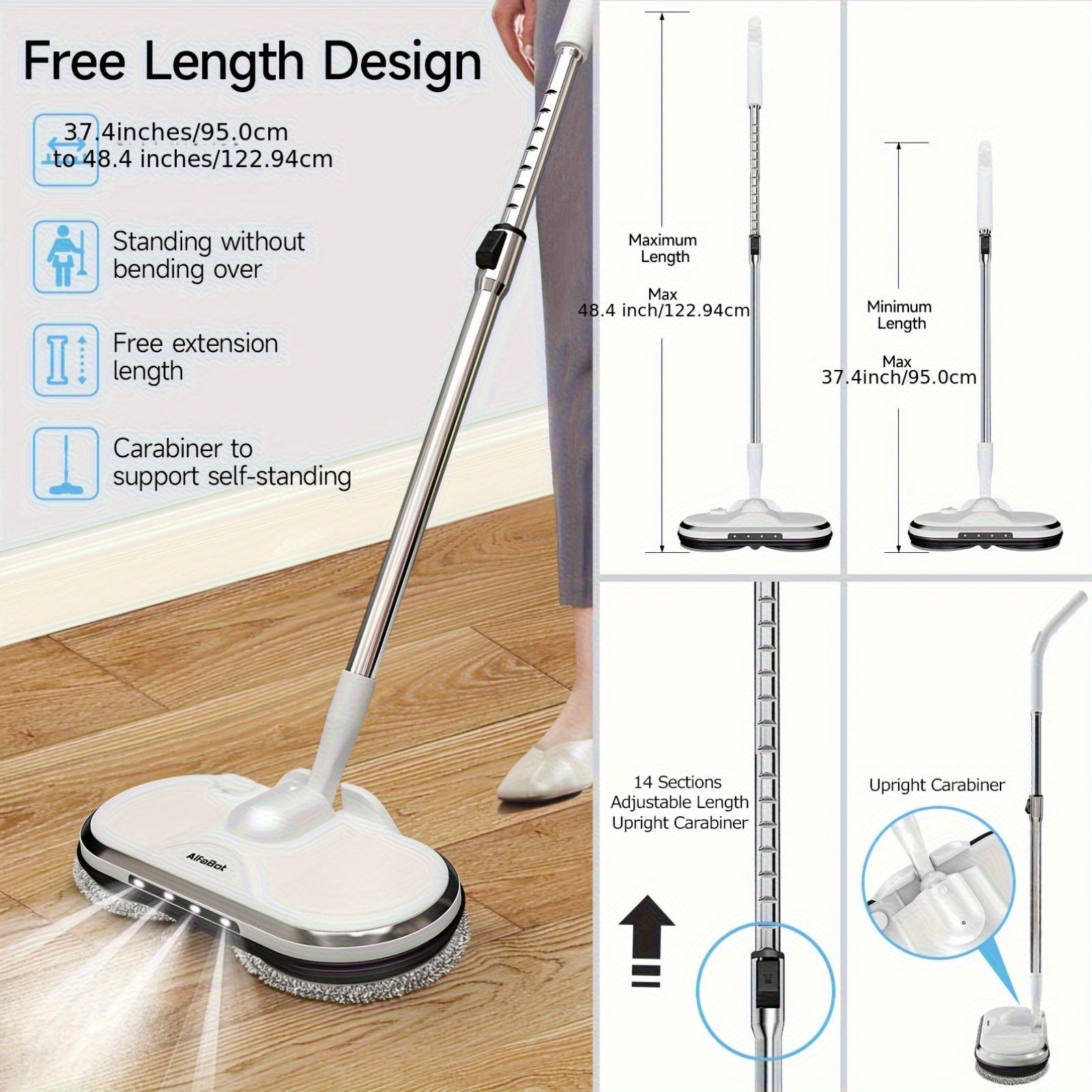 Cordless Electric Mop, Electric Spin Mop, Floor Cleaner with LED Headlight and Water Spray, Powerful Spin Mop with Water Tank for Hardwood, Tile Floors, Quiet Cleaning & Waxing